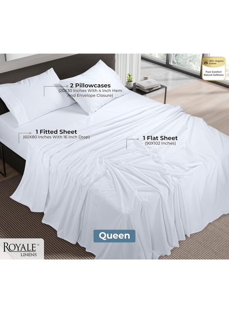 ROYALE LINENS طقم ملاءات كوين من القطن العضوي 100% - نسج بيركال - 4 قطع - 1 ملاءة مسطحة، 1 ملاءة مفصلة بجيب عميق و 2 غطاء وسادة - ملاءات سرير بيضاء - ملاءات كوين - باردة ومنعشة (بيضاء) - Image 2
